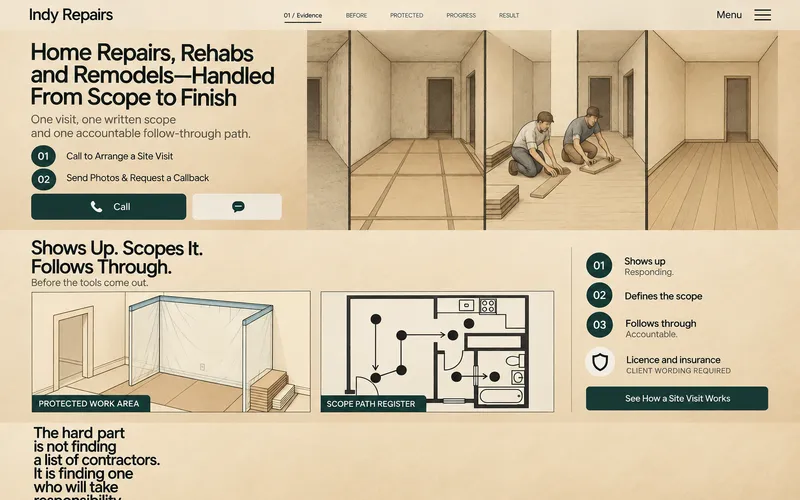 A design from Indy. Repairs, on a desktop and a phone